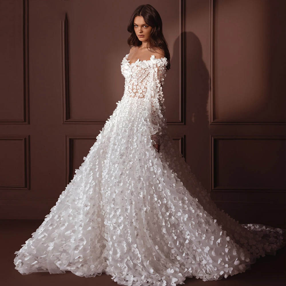 Romantic Flowers Beach Wedding Dresses Illusion Off Shoulder Long Sleeves Bridal Gowns Illusion Backless Bride Dress