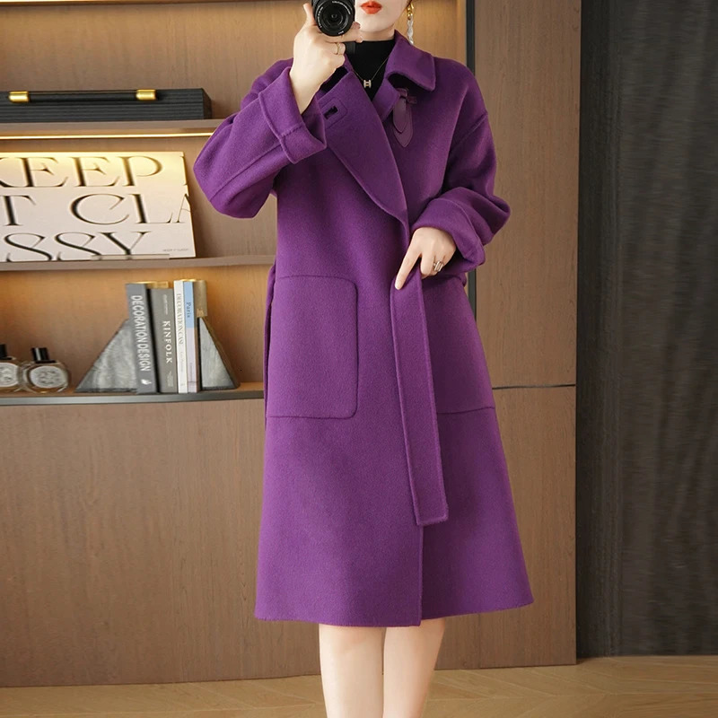 Autumn and Winter Solid Color Woolen Coat for Women Medium to Long Loose Bathrobe Double sided 240930