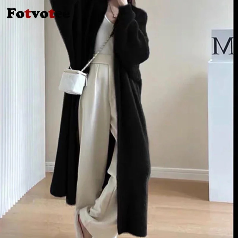 FOTVOTEE Womens Long Open Collar Woolen Sweater Fashion Casual Coat Autumn Sleeve Solid Loose 241007