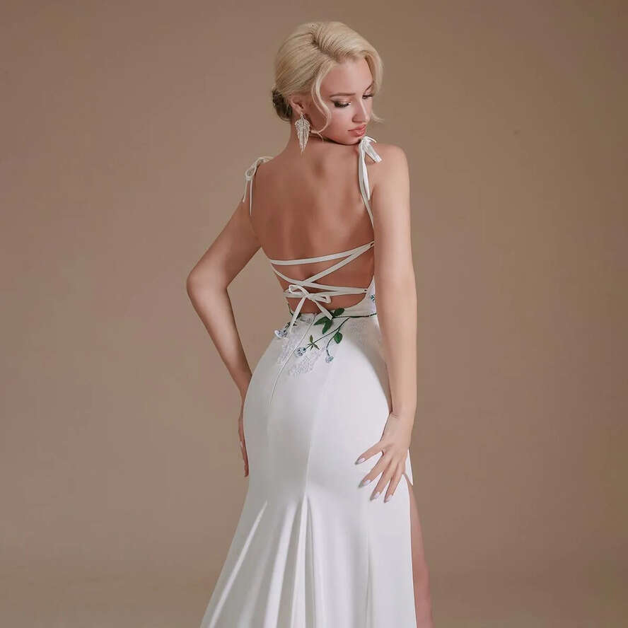 Split Satin Side High Mermaid V-Neck Spaghetti Strap Pleat Formal Women Wedding Party Dress Cps1992 UPS