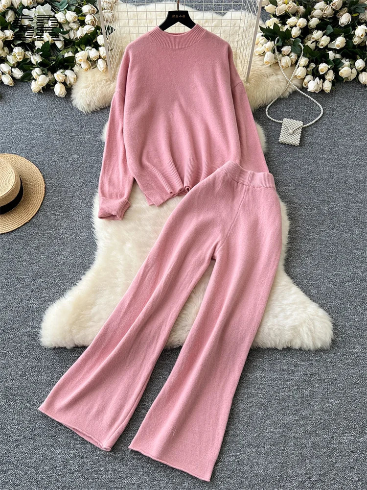 SINGREENY Fashion Split Cashmere 2piece Womens Oneck ZipperWide Leg Pants Autumn Thick Casual Knitted Set 241009