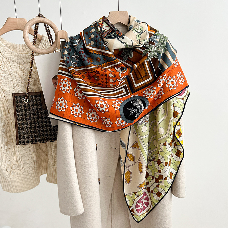 Scarves Silk wool square scarf for women's autumn and winter warmth, high-end feeling, 140 silk wool tropical jungle fashion silk scarf