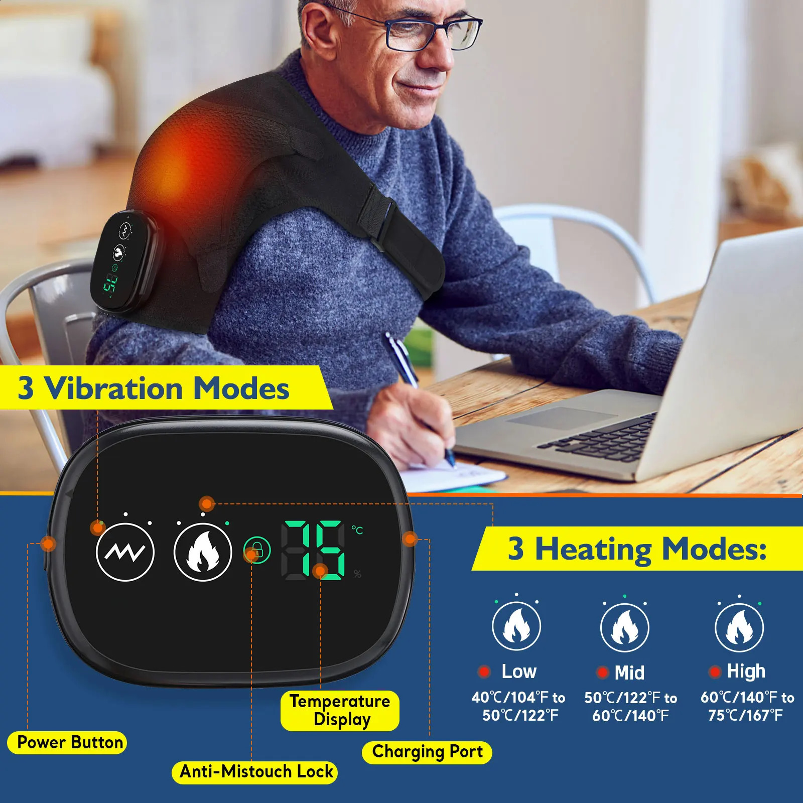 Electric shoulder temperature massager shoulder bracket vibration massage joint support belt heating pad muscle relaxation 241008