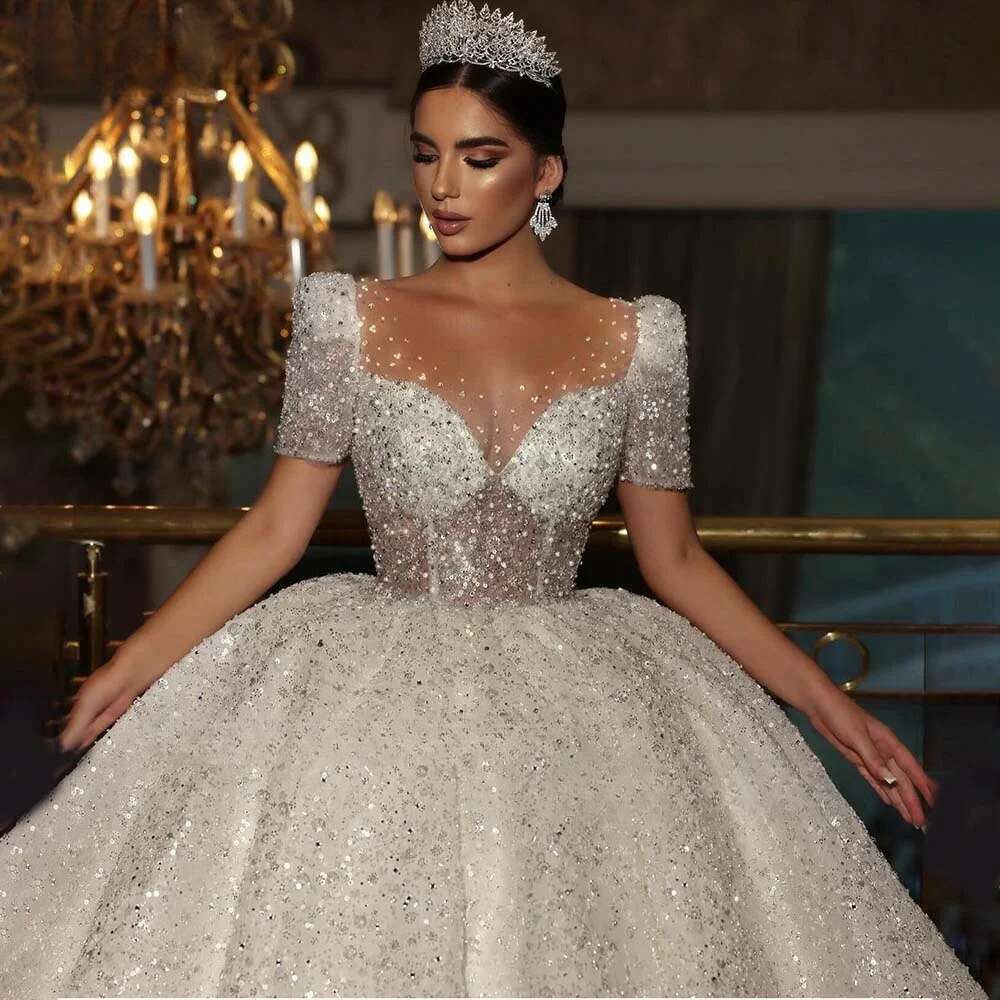 ful O Neck Sparkly Wedding Dress Sequins Beading Shiny Short Sleeve Illusion Princess Bride Dresses Vestidos De Novia
