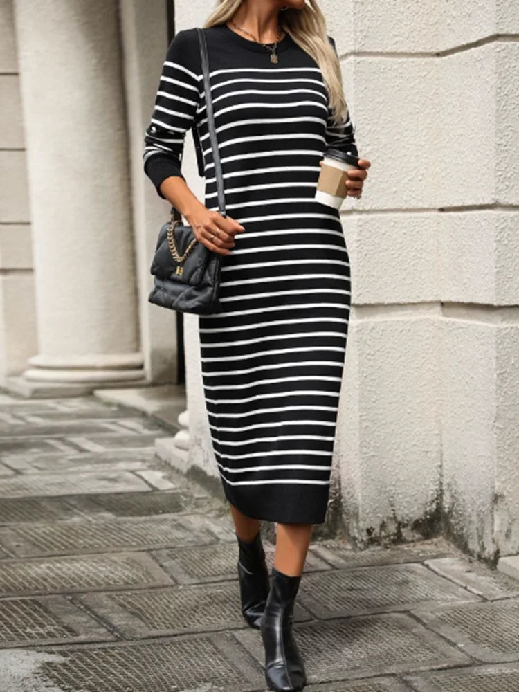 Womens simple and elegant slim fit striped knitted sweater with long leather fashionable autumn winter dress 241007