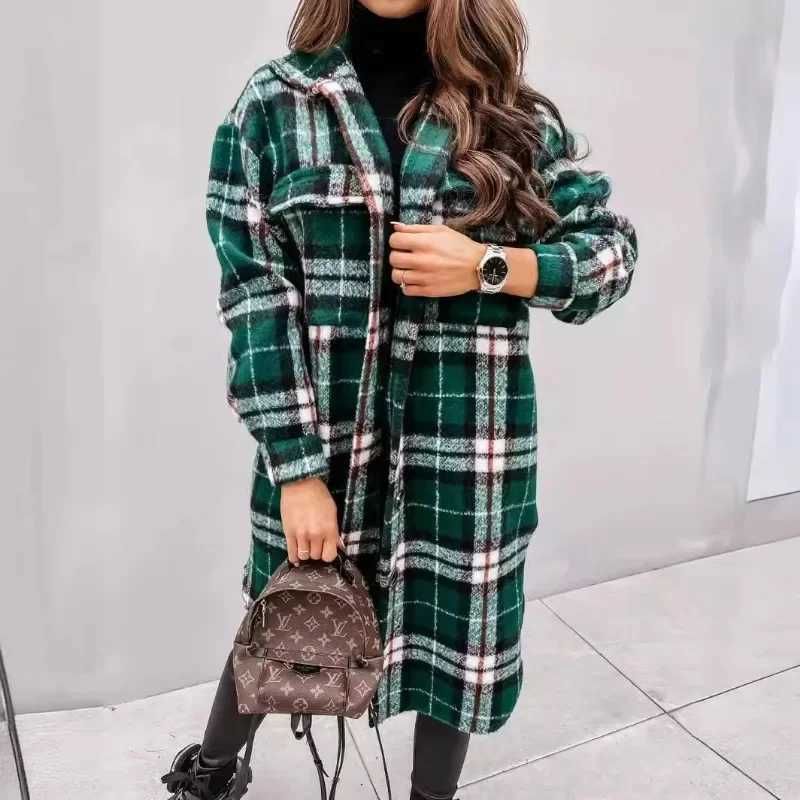 Medium and Long Woolen Coat Jackets Spring and Autumn Shirt Wool Coats Womens Plaid Polished Long Sleeve Pockets Blends OutwearX241009