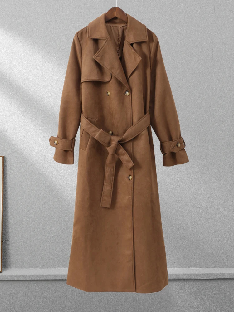 Fashion With Belt Faux Leather Long Coat For Women Chic Oversize Loose Button Lapel Overcoat Autumn Female High Street Outerwear 240930