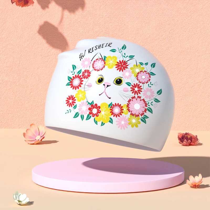 Cartoon swimming cap fashionable printing silicone swimming cap womens large long hair earmuffs swimming pool accessories CL241009