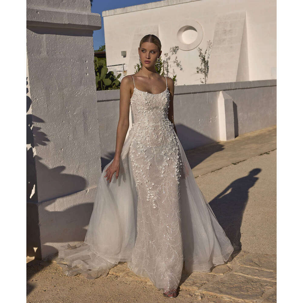 Elegant Wedding Dress Mermaid Appliques Sequined Sleeveless Detachable Train Gorgeous Bride Vestido De Noiva Custom Made 0228Lz