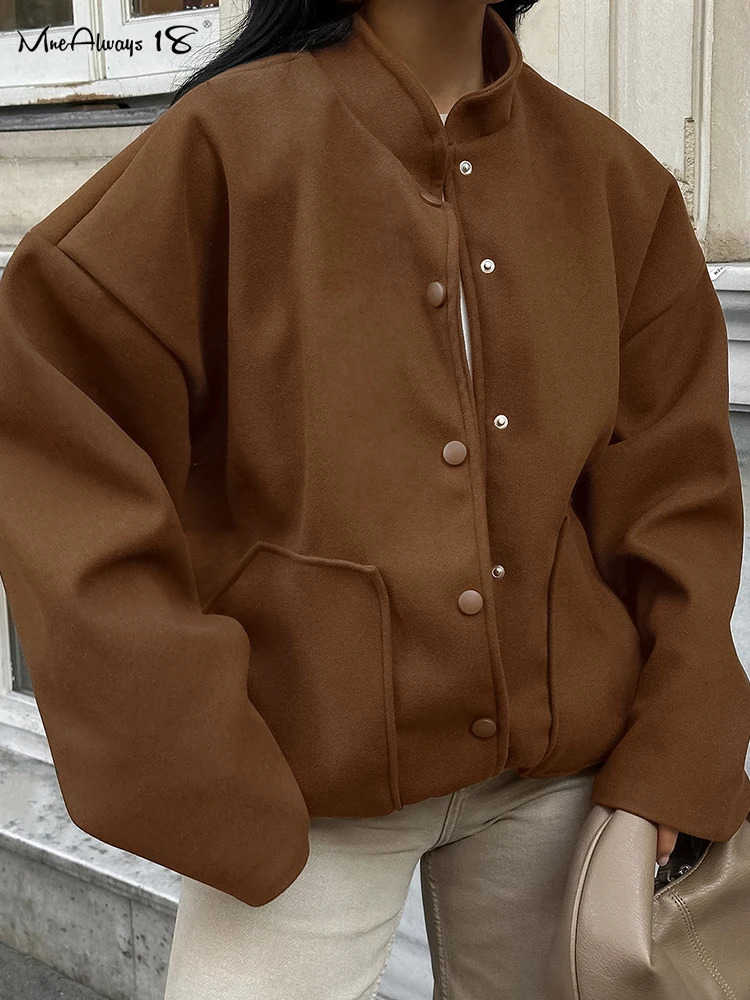 Mnealways18 Wool Warm Womens Brown Baseball Jacket Large Street Style Pocket Long Sleeve Top Autumn/Winter 240930