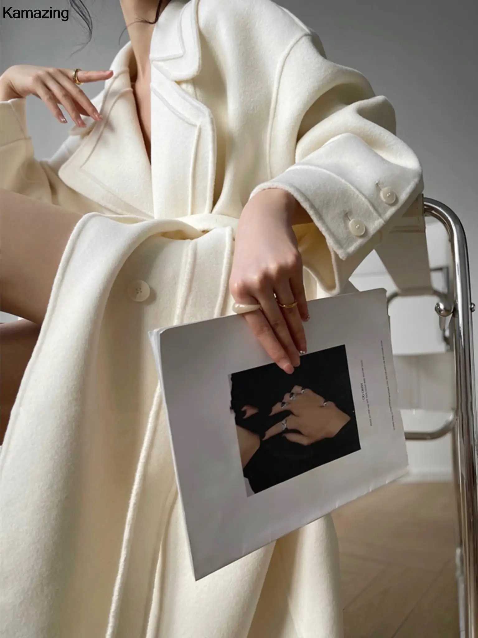 Elegant Woolen Long Coat Women New Fashion High Quality Spring Warm Solid Double Breasted Lapel Overcoat With Belt Female MujerX241009