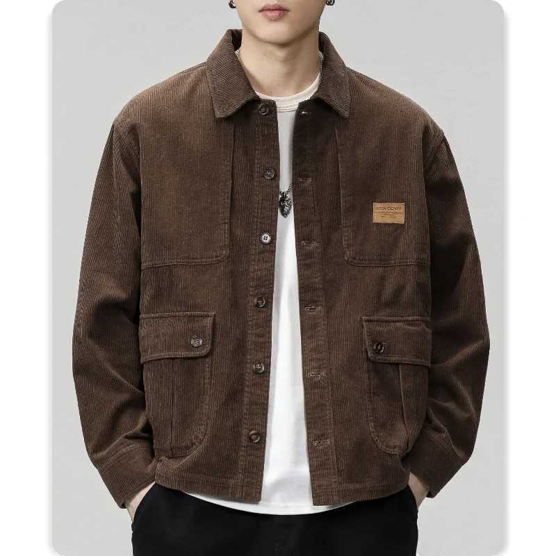 Mens fashion vintage corduroy coffee color cargo shirt casual loose coat LX241009