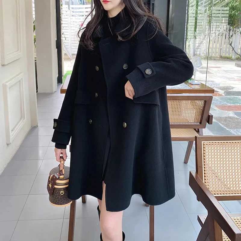 Fashion Double Sided Woolen Coat Spring Autumn Winter Coat Womens Korean Mid Length Double Breasted Buckle Woolen OuterwearX241009
