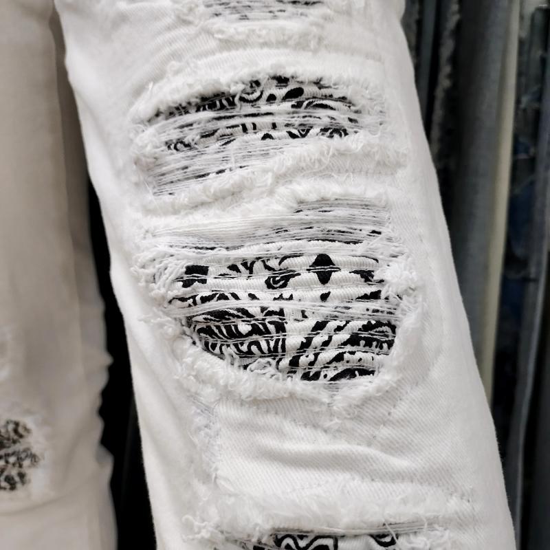 CNLONGBIDA Men's Jeans Summer White Holes Paisley Patches Skinny Vintage Hip Hop Big Boys Lightweight Size Ripped Pant