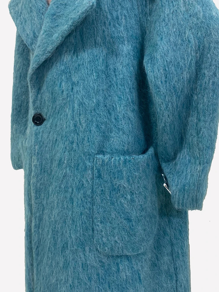 Nerazzurri Autumn Winter Long Oversized Thick Warm Soft Blue Woolen Coat Women Single Button Loose Casual Korean Fashion 2024 240930