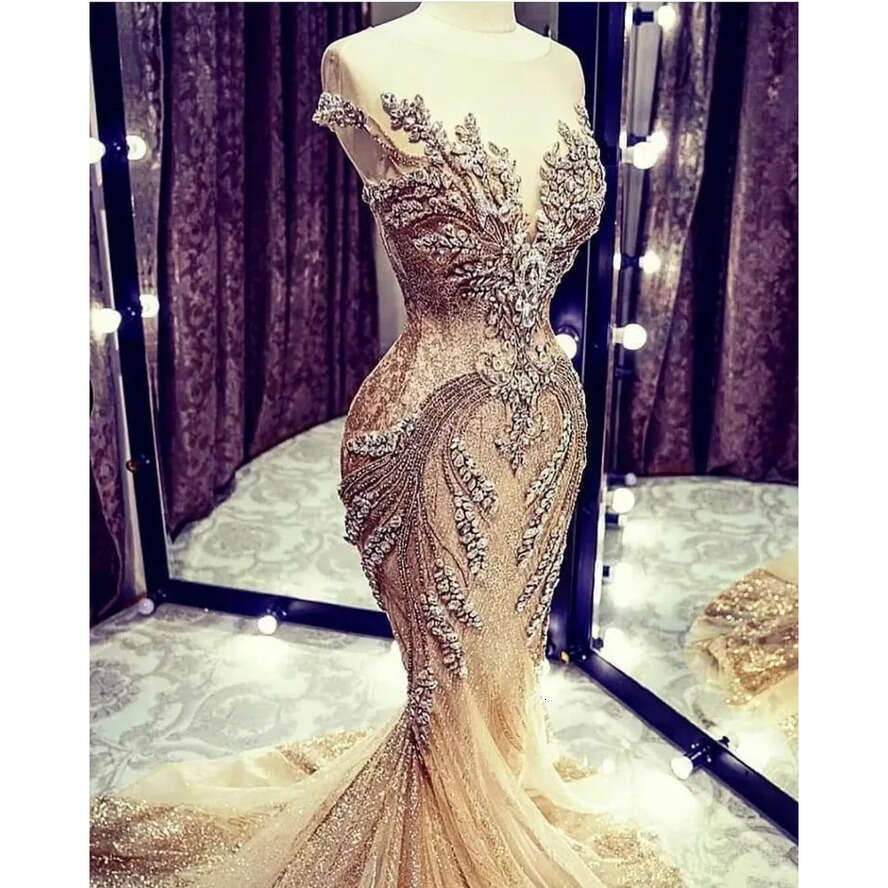 Dresses Mermaid Champagne Sexy Crystal Beads Sequin Lace Sweep Train Wedding Dress Real Picture Sheer Cap Sleeve Bridal Gowns Bc