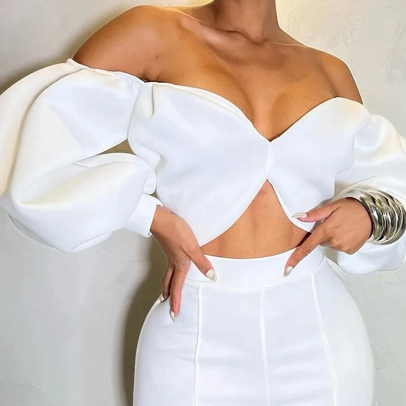 Wefads twopiece womens summer casual fashion solid shoulder light cover backless short top loose tight pants set 241008