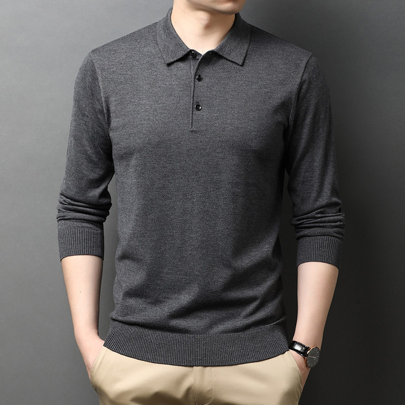 2024 New Designer Winter Men's Thin Long Sleeve Middle aged T-shirt with 6 Hairy Collar Solid Color Polo Shirt for Men