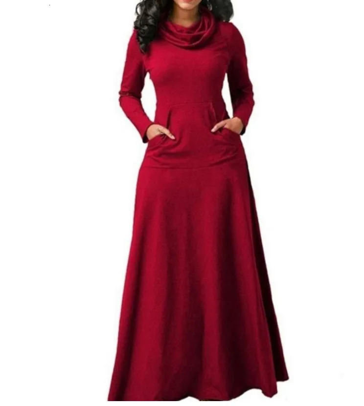 Size 5XL Elegant Long Skirt SpringWinter Warm High Neck Womens Sleeve Dress Pocket Clothing 241007