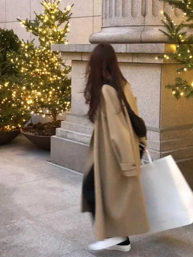 Korean Style Office Lady Woolen Jackets 2024 Autumn And Winter Lapel Single Breasted Loose Lace Up Long Womens Wool CoatsX241009