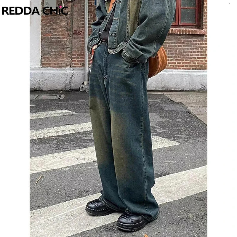 Reddachic Retro Green Mens Laundry Pocket Jeans Casual Wide Legs Adjustable Waist Y2k Pants Street Style Work Clothes Trousers 240929