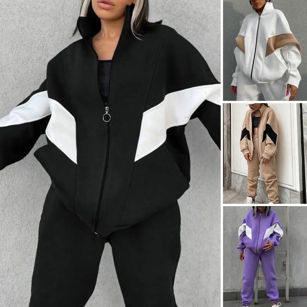 2 piecesset of sportswear sweatpants contrasting color patchwork workwear jacket elastic waist pants twopiece set autumn and winter loose 241007