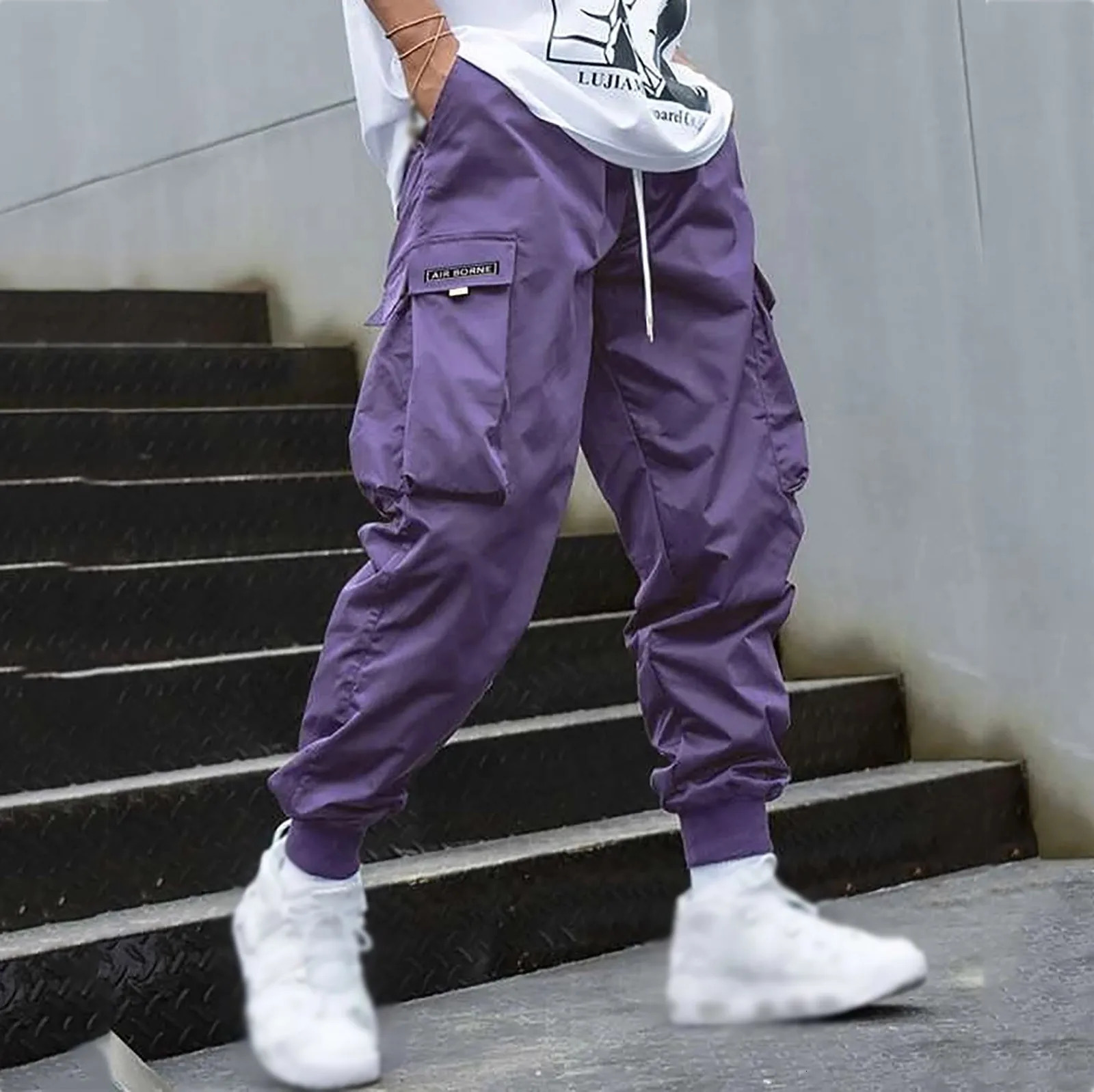 Fashion Men Cargo Pants Mens Trousers Hip Hop Joggers Pockets Purple Men Streetwear Sweatpants Korean Ankle-Length Pants 241009