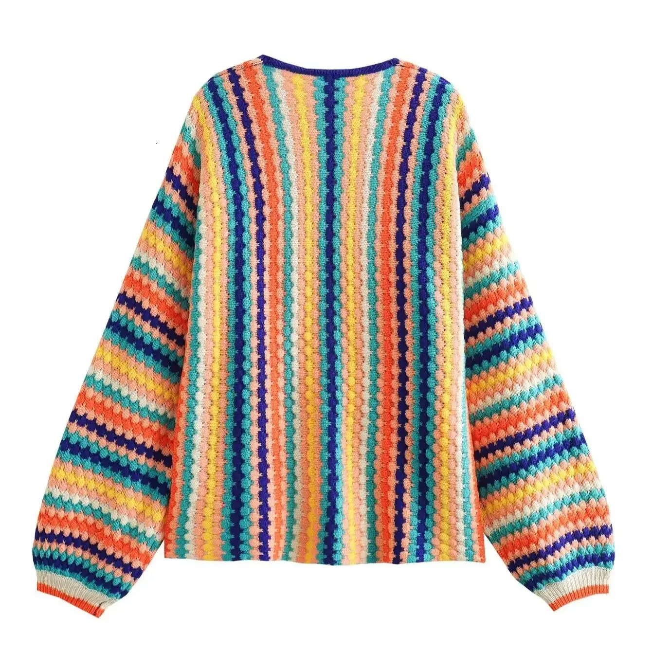 BOHO Contrast Color Geometric Striped Crochet Cardigan Woman Full Lantern Sleeve Sweater Open Stitching Knitwear Jumper Holiday 241009