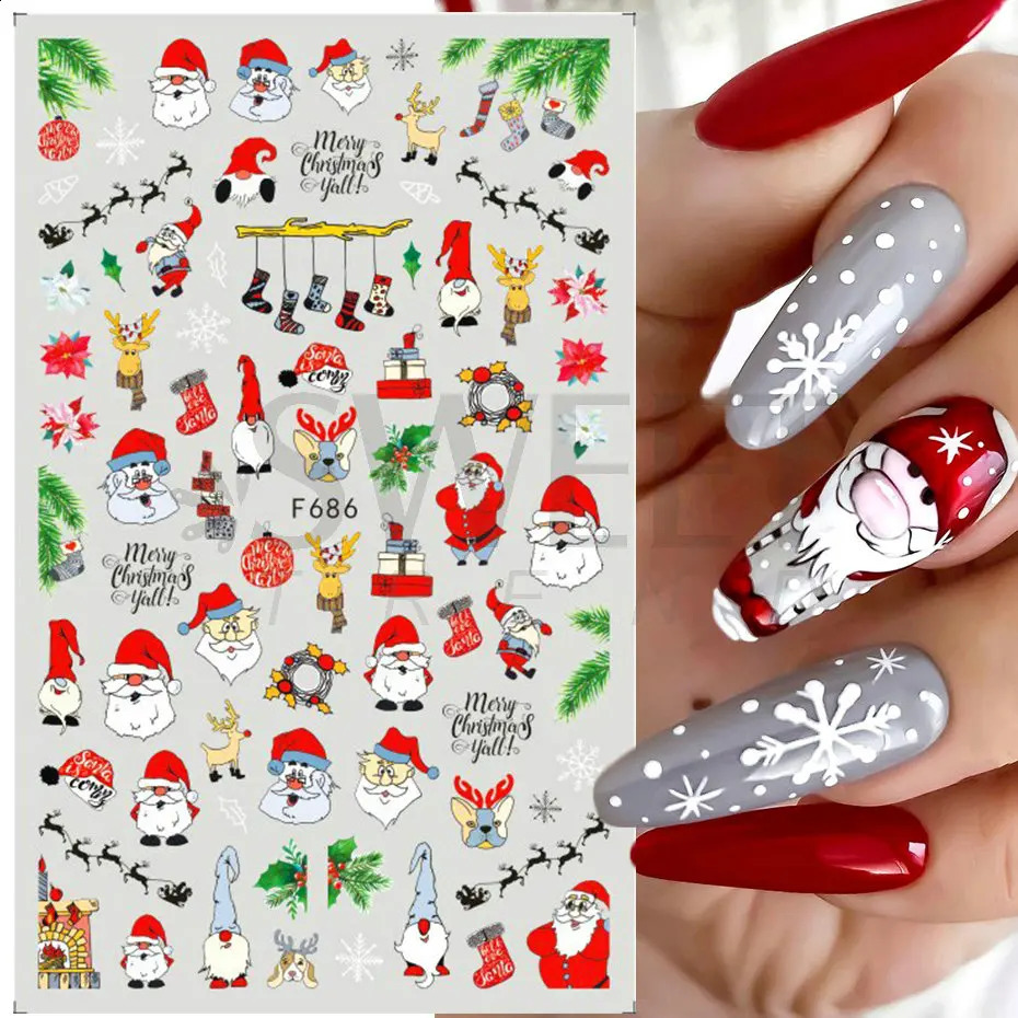 3D Christmas Nail Art Stickers Red Santa Claus Snowflake Elk Holly Winter Stickers Sliders Year Handmade Decoration BEF889 241008