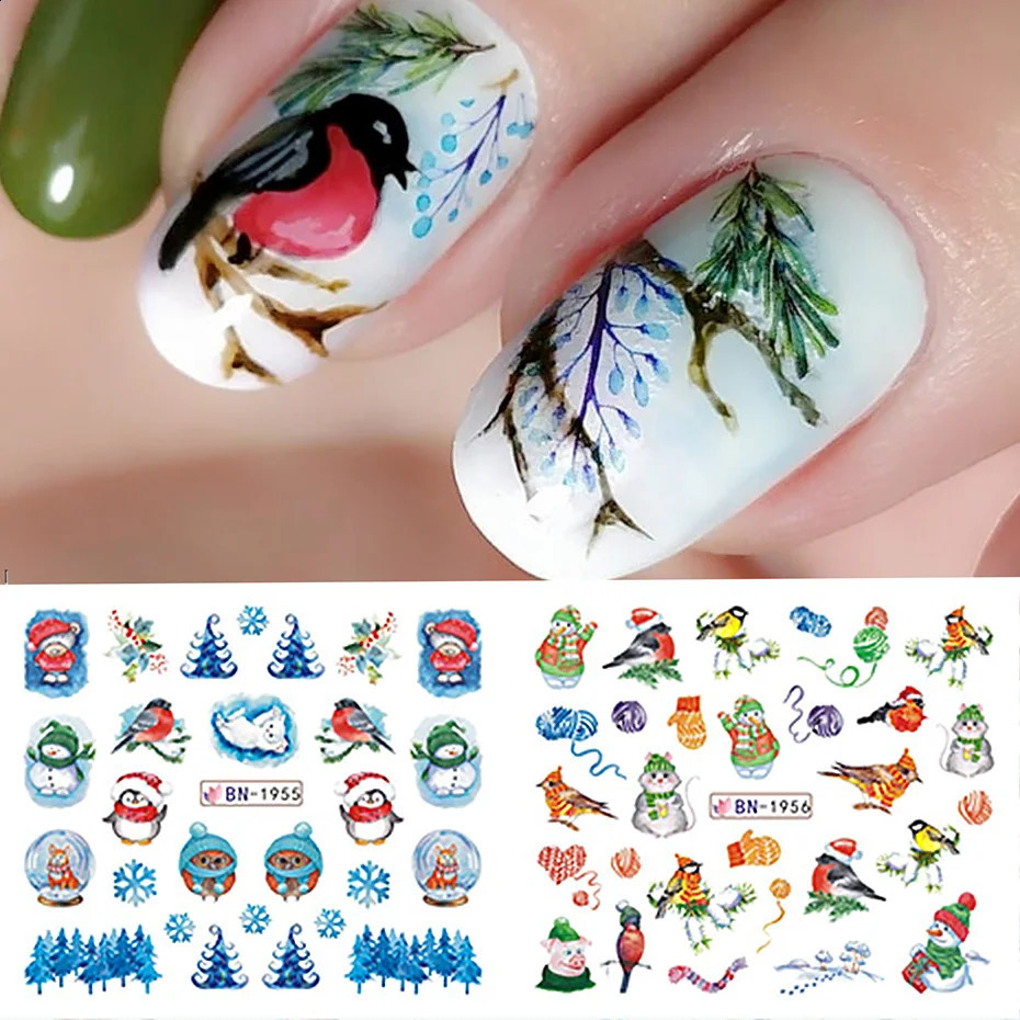 12 Cute Christmas Nail Stickers with Bird Bear Cartoon Animal Snowflake Slide Water Decoration Tips 241008