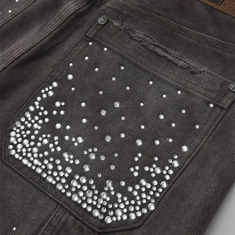 Gothic trend rhinestone pocket exquisite denim shorts mens y2k hip-hop personality style daily couple wide-leg pants 241008