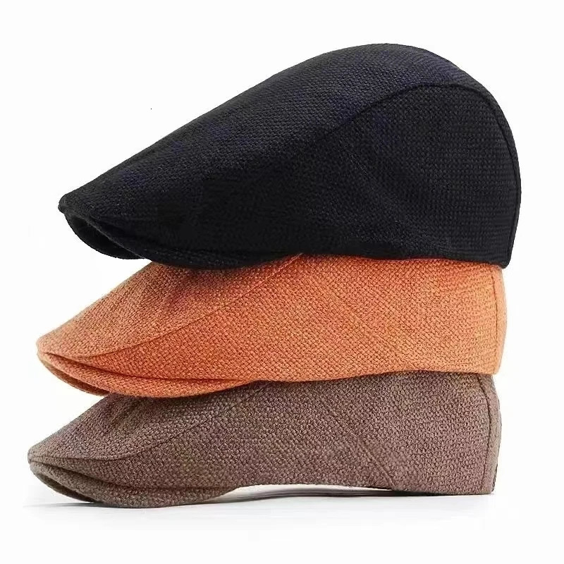 1 piece of summer mens beret linen leather hat adjustable hat breathable retro solid black ivy duckbill hat Boinas Para MUJI 241007