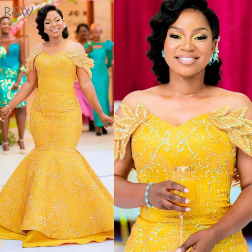 R&W 2023 Aso Ebi Promdress Yellow Mermaid Off Shoulder Lace Applique Beaded Evening Dress Vestidos De Gala Second Reception Prom Gowns Birthday Party 