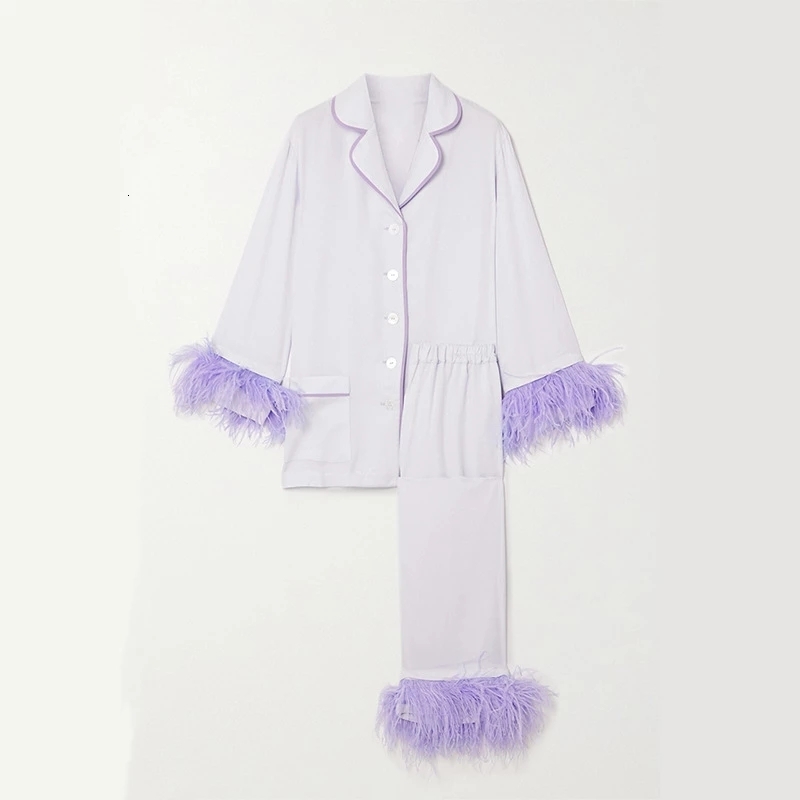 2024 Long Sleeved Sleepwear 100% Ostrich Feather Pamas For Women Home Clothes Two Piece Purple Pama Set Party Wear
