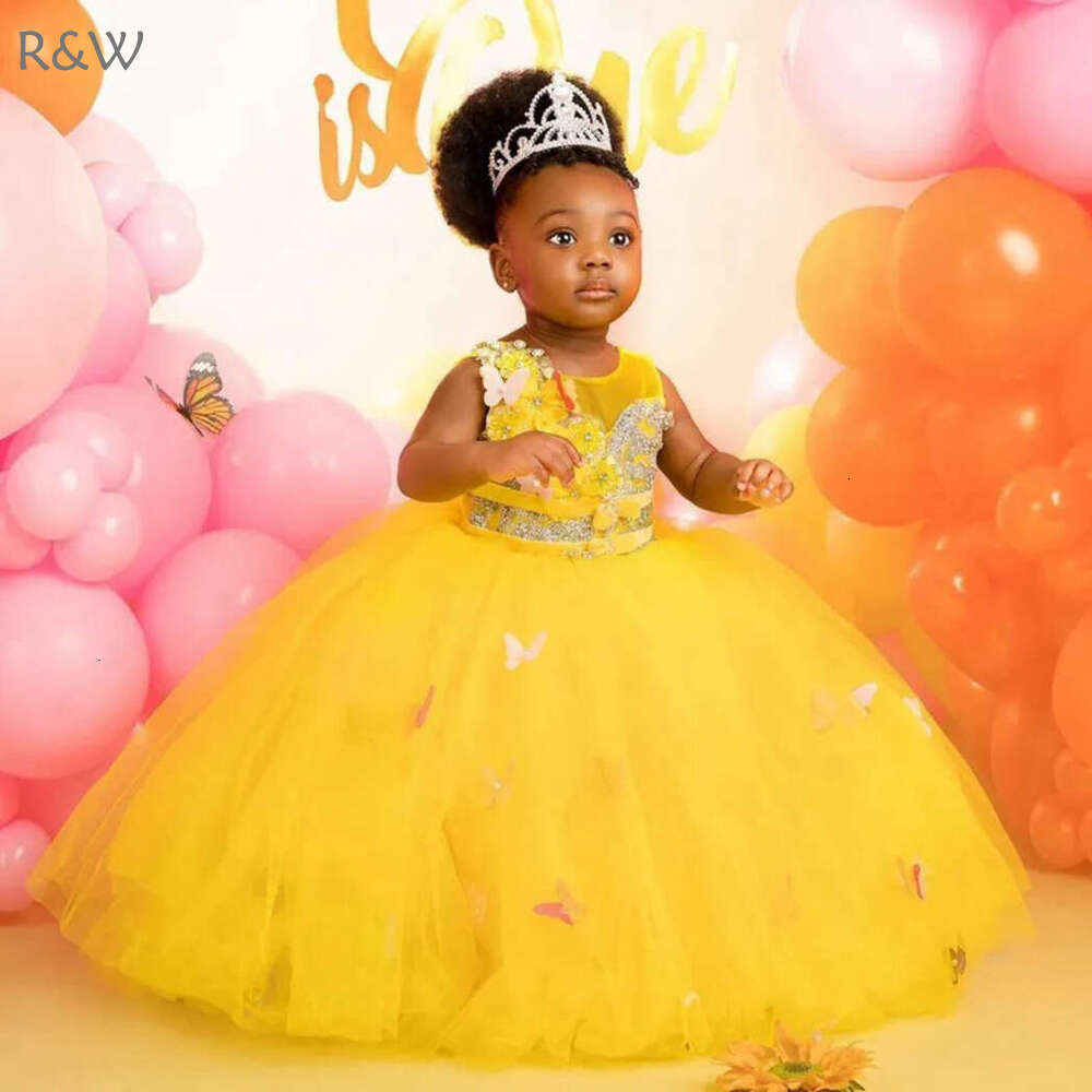 R&W Light Yellow wer Girl Dresses Little Kids Ball Gown Jewel Appliqued Crystals Tulle Tiered First Birthday Party Dress African Gowns F009