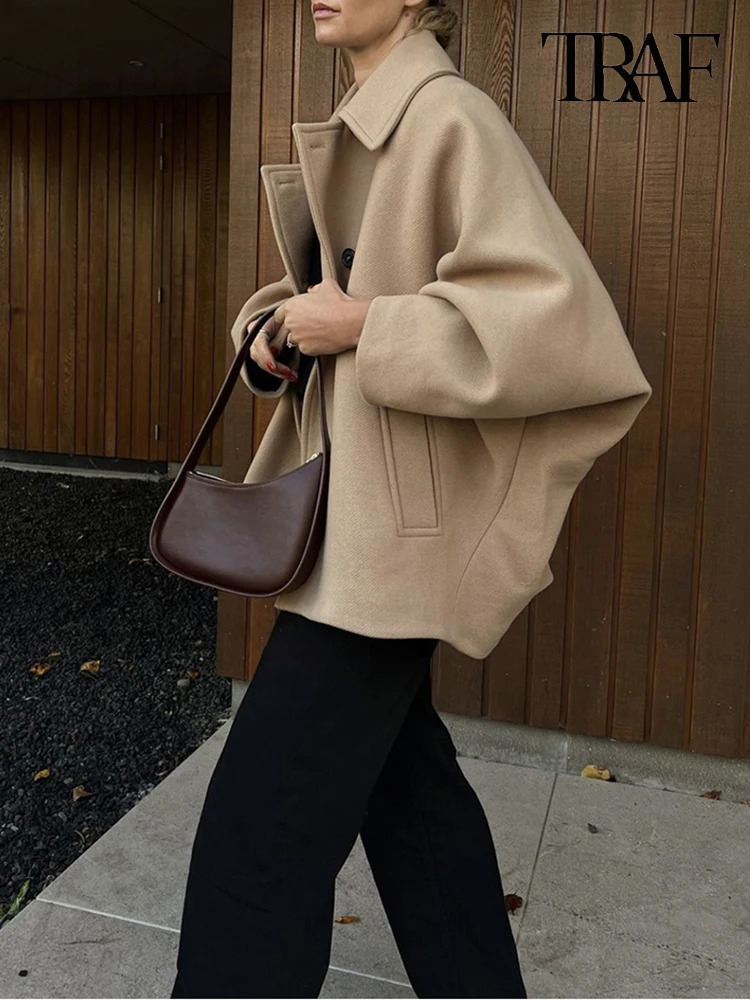 TRAF Womens Fashion Single Breasted Jacket Casual Vintage Long Sleeve Lapel Coat Autumn and Winter Khaki Wool Bat 240930
