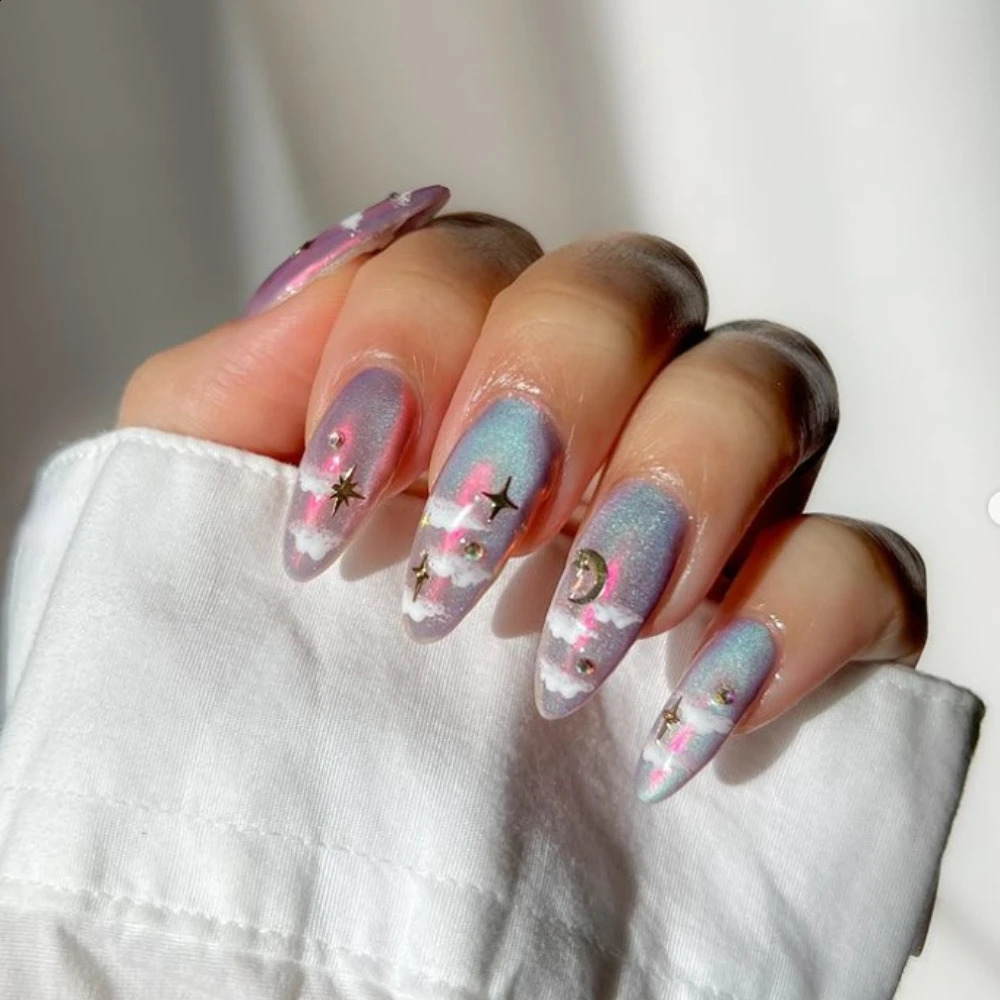 10 handmade almond fake nails 2024 cute cat eye limited edition press nail with adhesive nail file set 241008