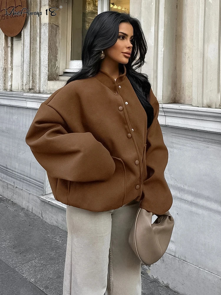 Mnealways18 Wool Warm Womens Brown Baseball Jacket Large Street Style Pocket Long Sleeve Top Autumn/Winter 240930