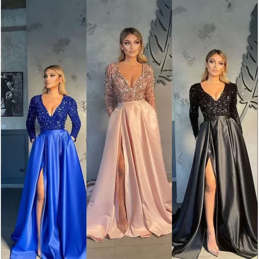 Dresses Blush Pink Prom With Pocket Sexy V Neck A E Split Evening Gowns Bgbg Sequined Top Satin Long Sleeve Vestidos Party Wears Bc15046 Vening Estido