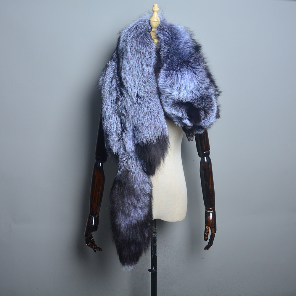2024 Lady Real Woman Winter Warm Natural Shawl Soft Headscarf Super Big Gray Sier Fox Scarf Fur Accessories