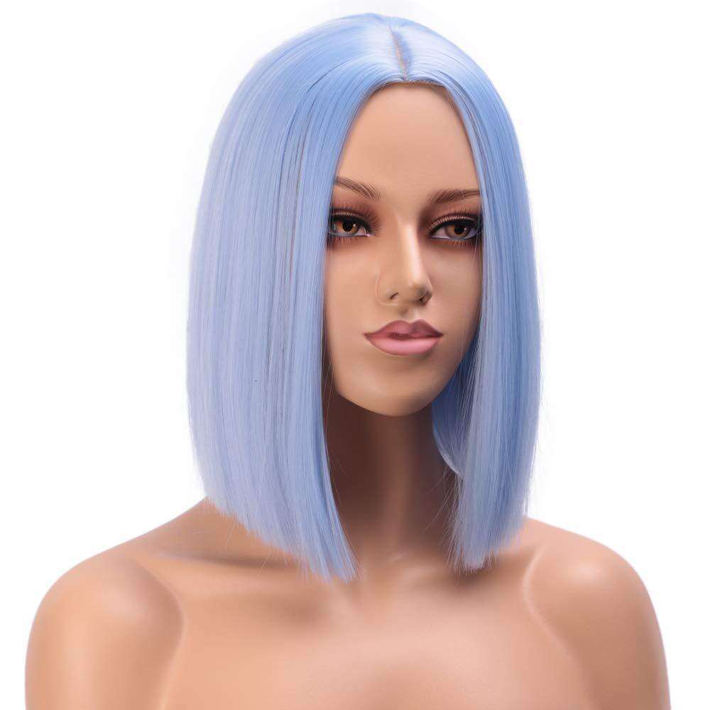 New natural short BOB light blue synthetic full nism wig headband