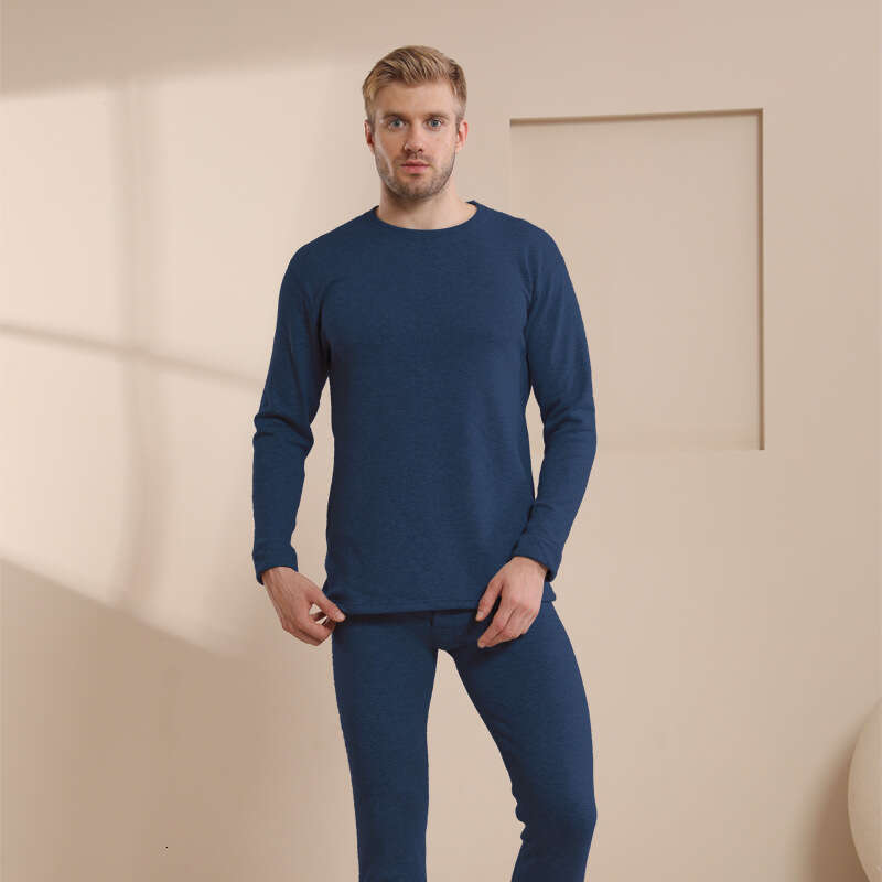 Men's Warm Underwear Set with Thick Round Neck Lamb Fleece Solid Color Bottom Coat Clothes Autumn Pants