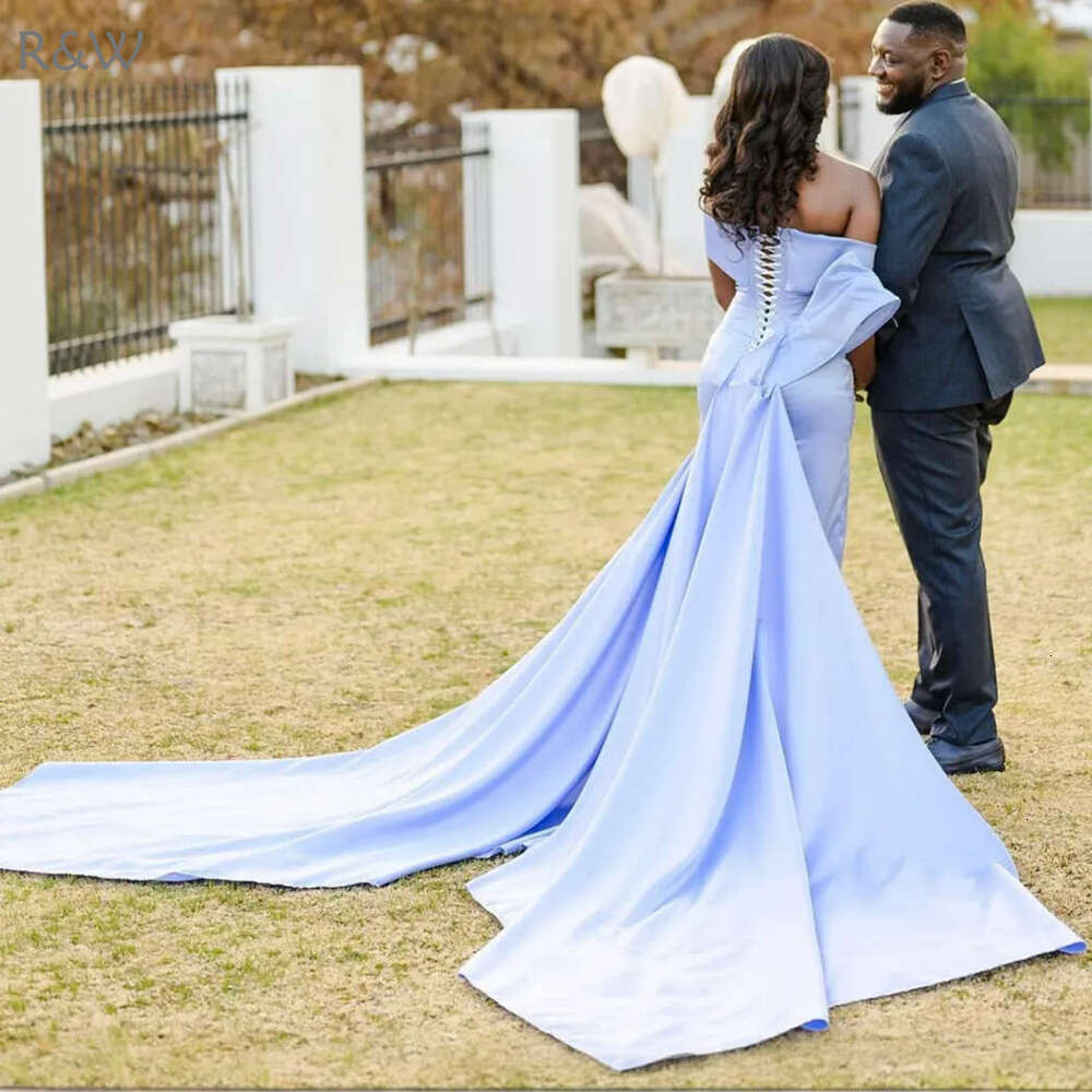 R&W Skyblue Big Bow Bridesmaid Satin Mermaid Sweetheart Neck Appliqued Lace Sexy Side Spit Maid Of Honor Dresses Simple Style Elegant Wedding Guests G