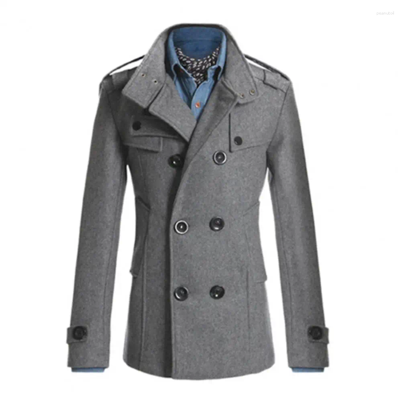 Men's Trench Coats Men Woolen Coat Stand Collar Long Sleeve Windbreaker With Double-Breasted Closure Pockets Solid Color Mid-Length Outwear B4