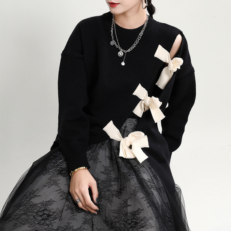 DEAT Autumn Fashion Women Full Sleeve O Collar Slim Wild Loose High Street Lace Up Bow Pullover Knitted Sweater TU082 201223