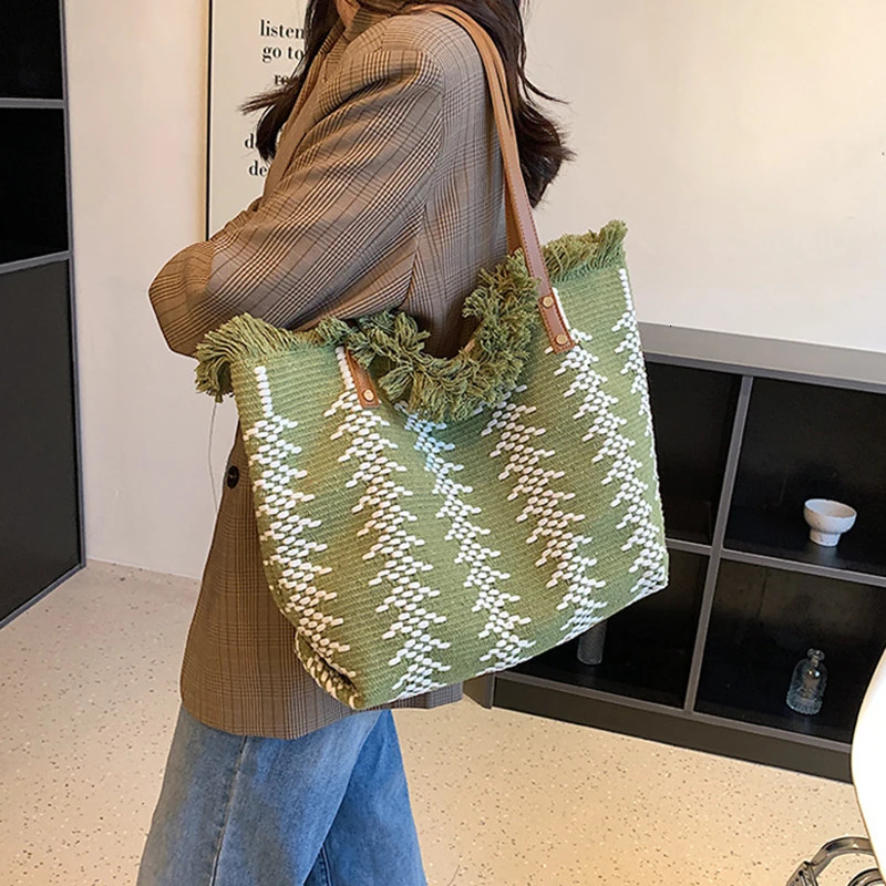 Womens shopping bag large capacity canvas handbag with edge reusable for summer beach contrasting color travel shoulder bag 241008