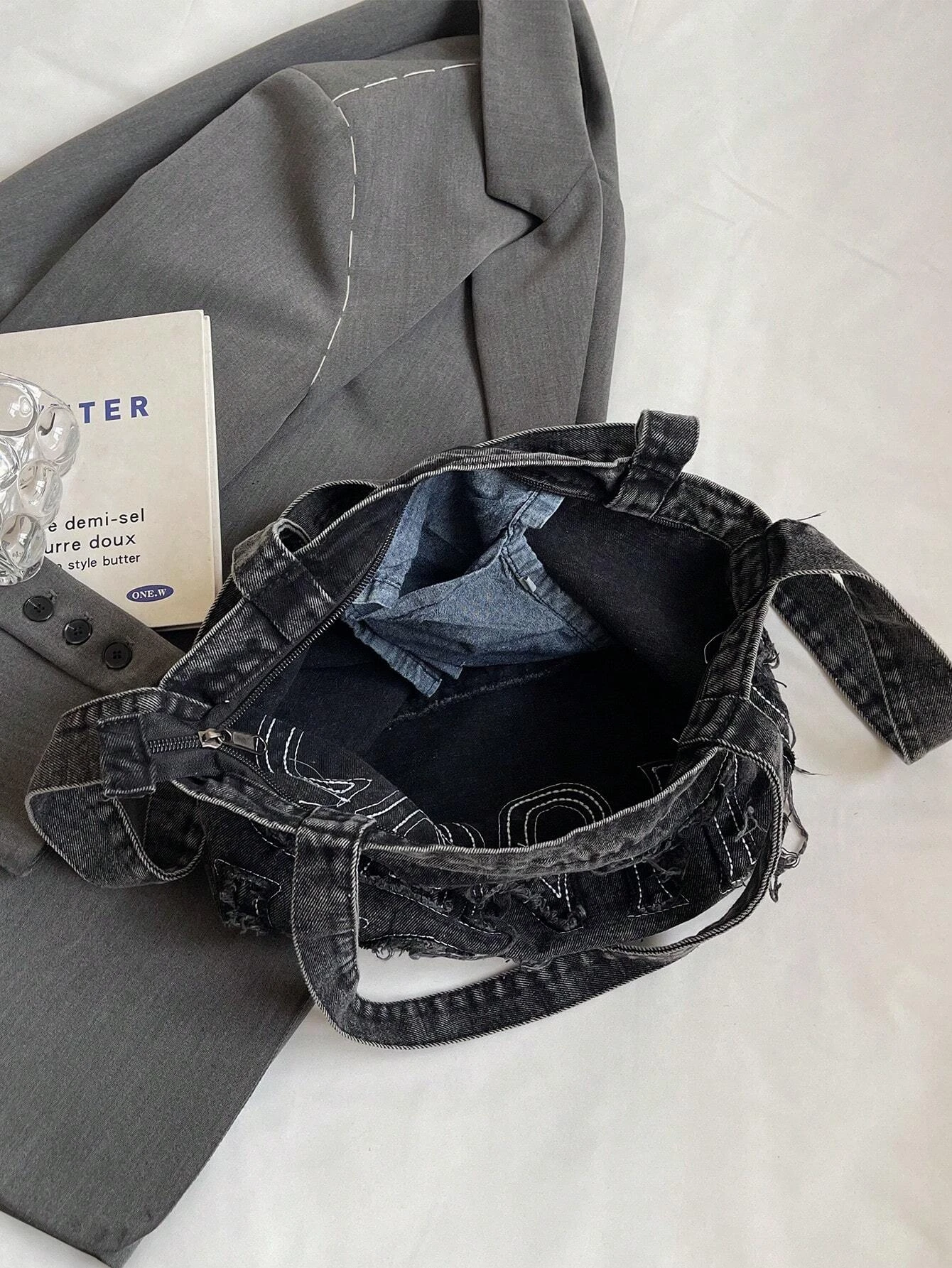 Minimalist Style Raw Edge Letter Design Jeans TLXT Canvas Tote Bag, Solid Color Large Capacity Shoulder Bag, Suitable For Women