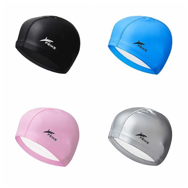Womens no size elastic waterproof PU fabric diving cap long hair earmuffs waterproof sports pool cap CL241009