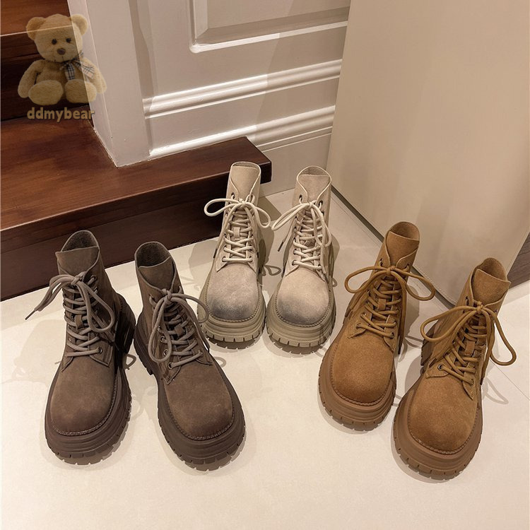 Ddmybear Thin Martin Women 2024 New Leather Thick Soled Spring And Autumn Frosted Short Boots For With Skirts Chinese Brand Shoes F1011-80
