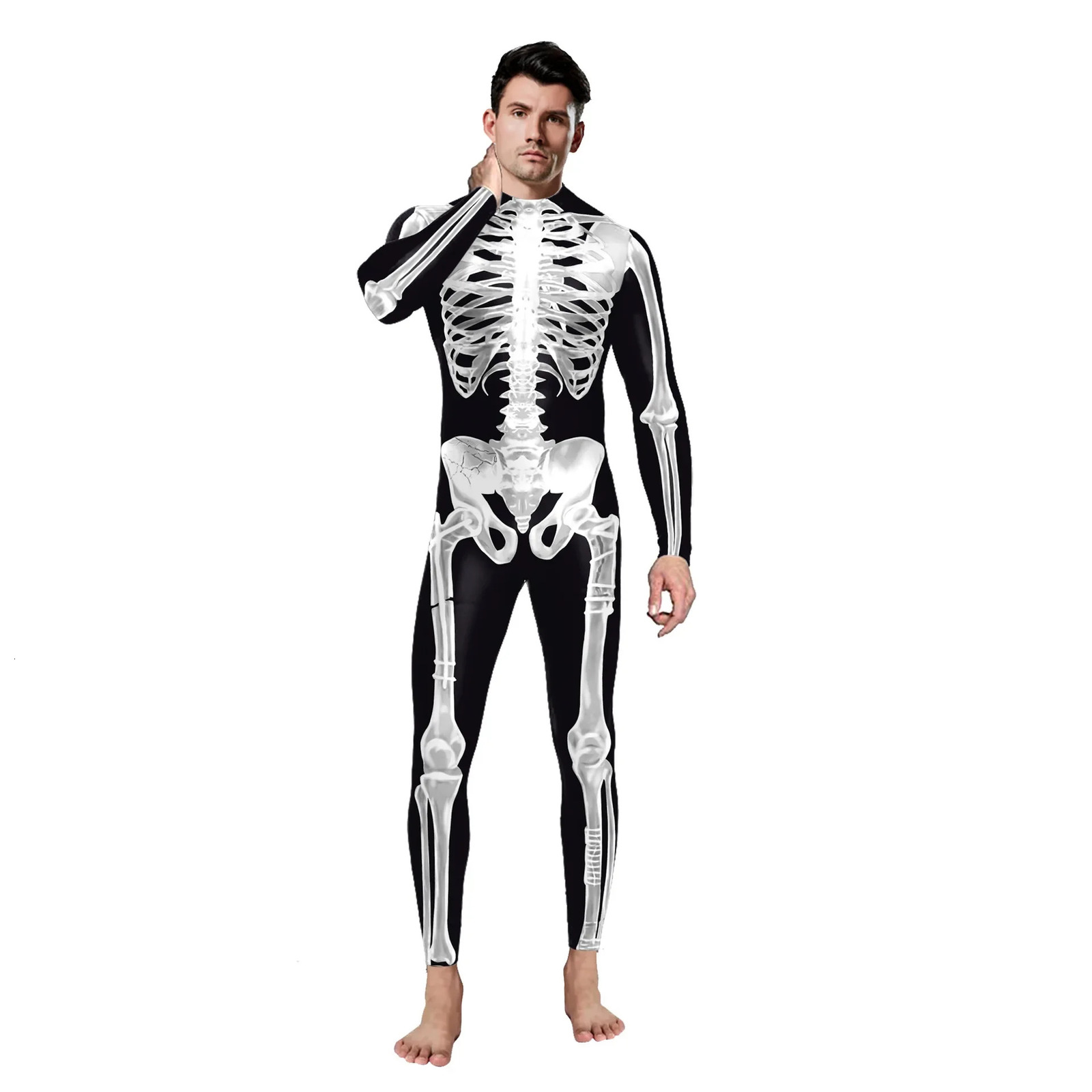 Halloween costume mens role-playing skeleton jumpsuit Zentai set horror 3D skeleton carnival fancy dress party punk bodysuit 241009